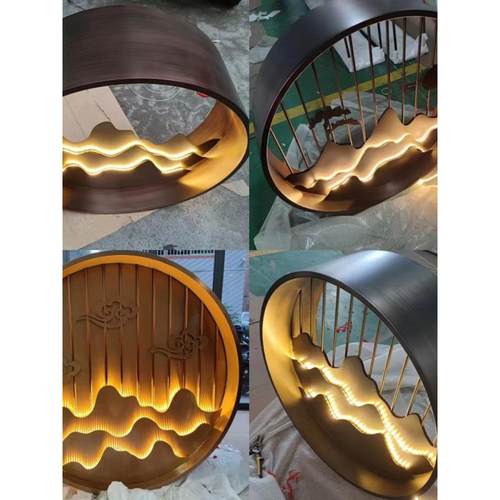 不锈钢定制隔断屏风浮雕户外圆形镂空玄关背景岩板璧饰假山迎客松