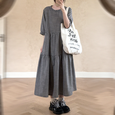 *库存处理 天丝人棉 黑白小格 蛋糕连衣裙