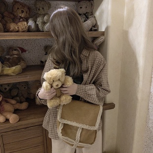 格子衬衫 处理复古做旧磨毛暗紫米咖色休闲百搭宽松灯笼袖