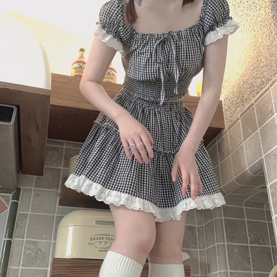 *处理 格子棉布 蕾丝花边 复古少女 褶皱司马克 上衣 半身短裙