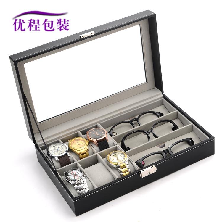 现货6位手表+3位眼镜盒黑色pu皮革眼镜收纳盒木质手表包装盒