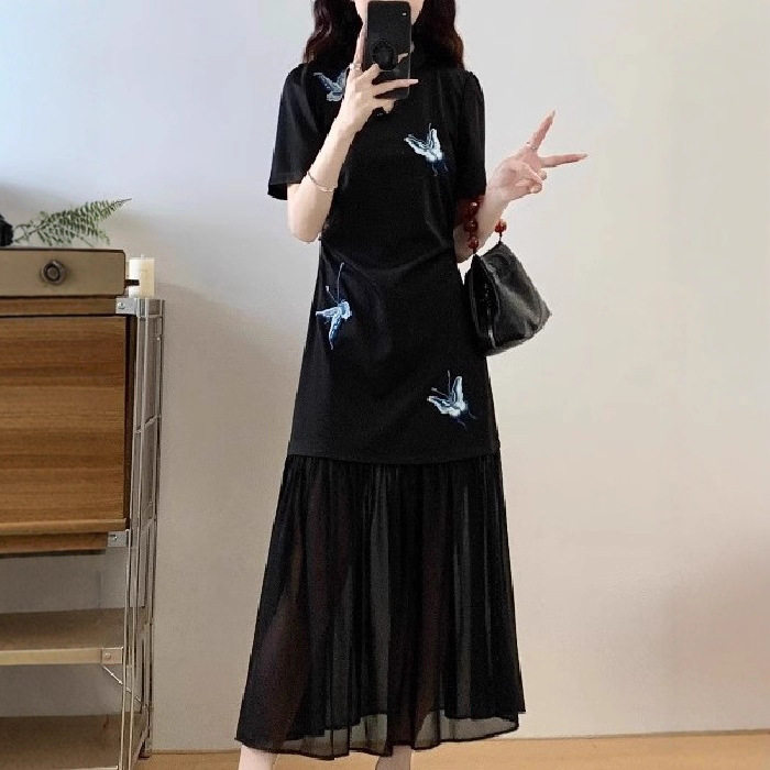新中式国风改良旗袍裙黑色正肩连衣裙女2025夏季胖mm气质下摆长裙