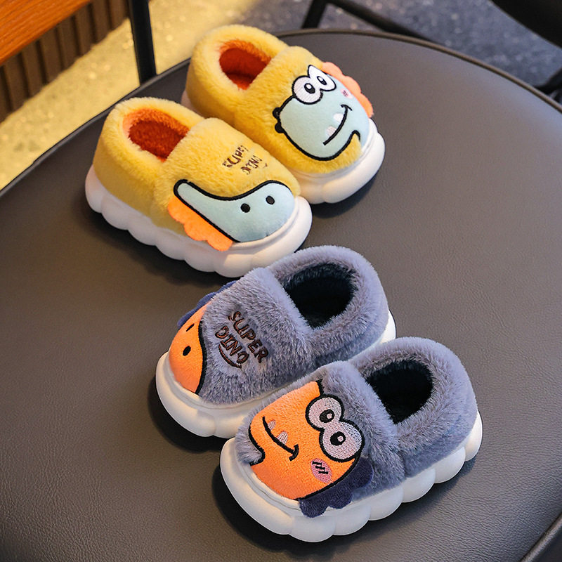 冬季儿童棉拖鞋男女童包跟保暖加绒毛毛恐龙防滑厚底亲子居家棉鞋