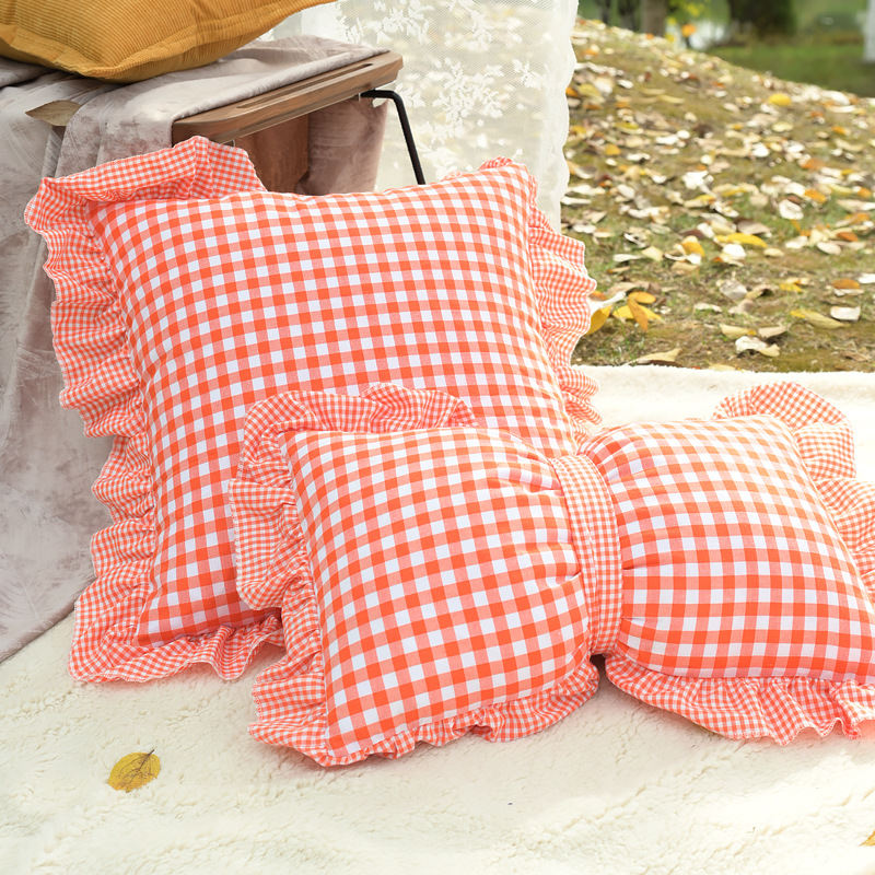 法式格子荷叶边抱枕 ins小清新现代方枕腰枕靠垫沙发卧室靠枕靠背