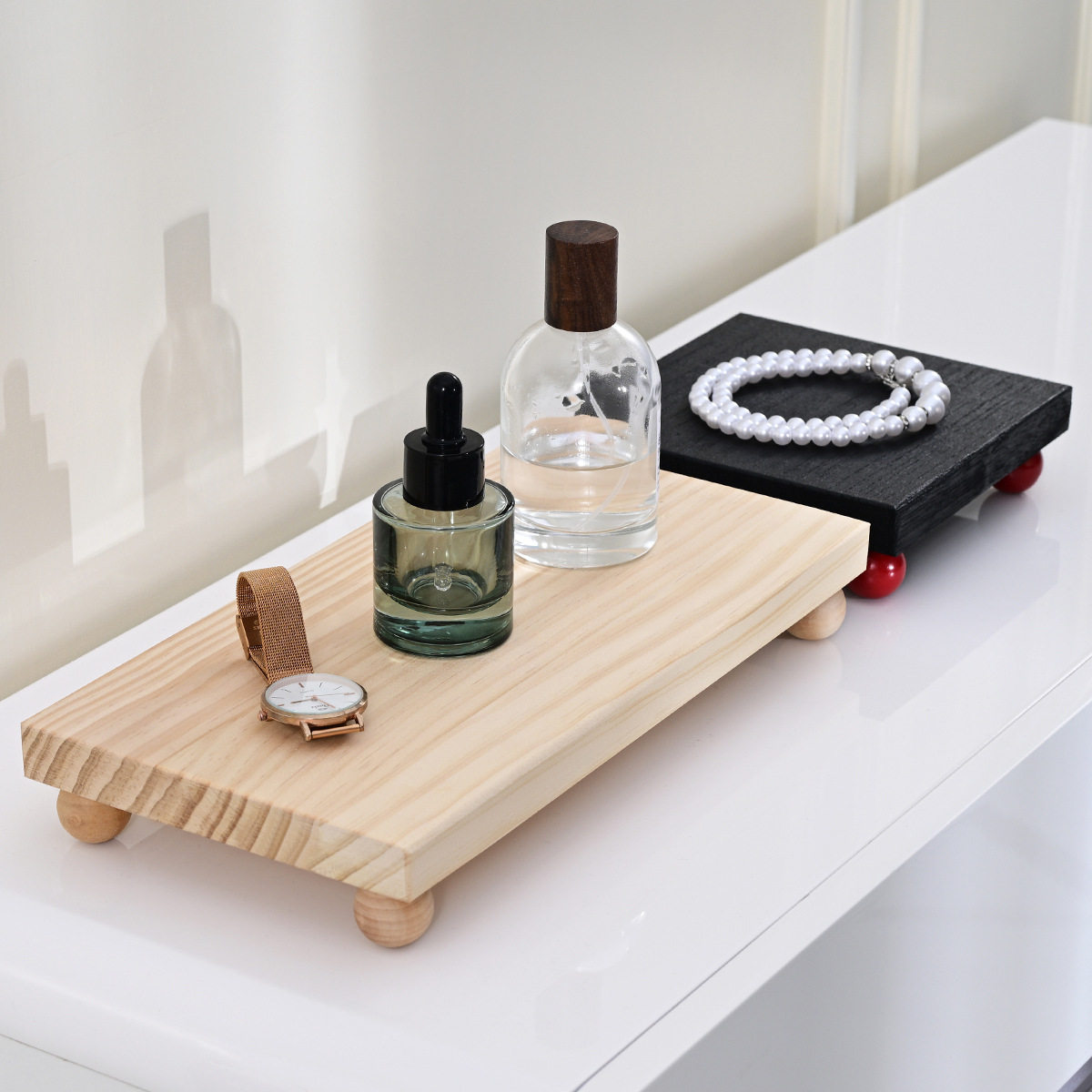 实木网红桌面化妆品收纳置物架玄关香水香薰木质长方形装饰托盘