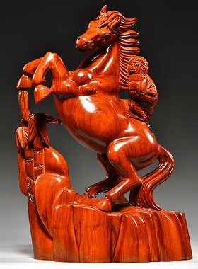 花梨木雕马到成功摆件红木雕刻白菜生肖马工艺品家居装饰开业礼品