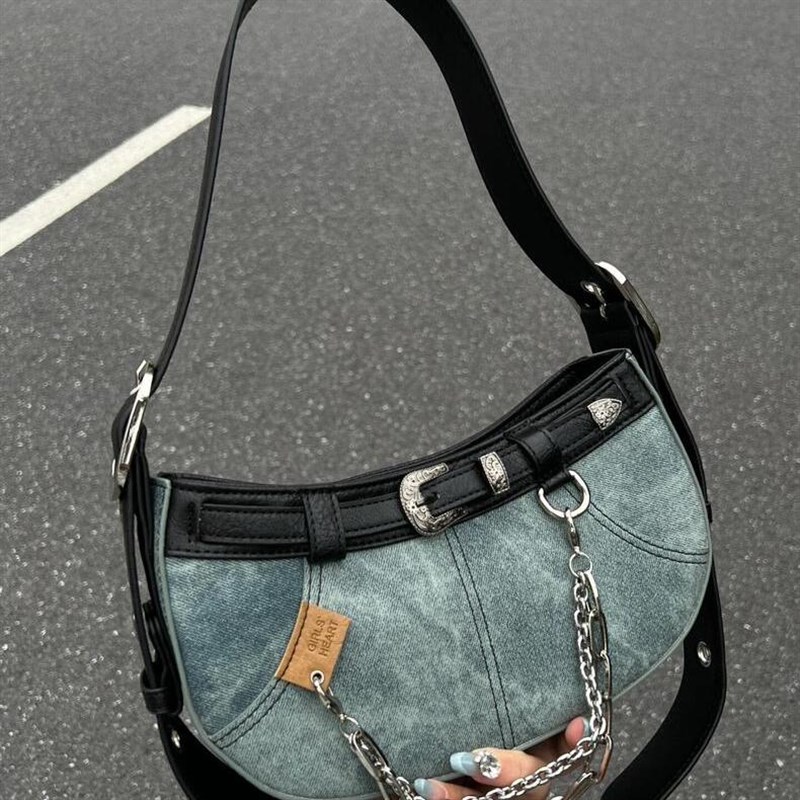 y2k甜酷辣妹牛仔布单肩腋下包2025新款百搭通勤斜挎包小众法棍包