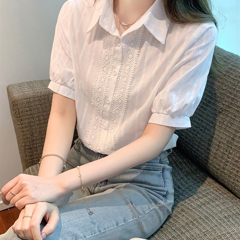 香港TIMO蓝色短袖雪纺衬衫女装夏装2024新款白色衬衣时尚洋气上衣
