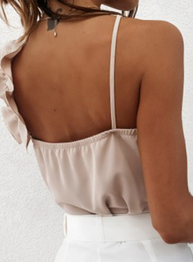 Women Summer Blouse Shirts Sexy V Neck Ruffle Blouses Backle