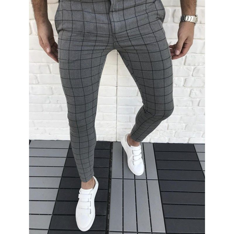 Plaid Men Pants Skinny Pants Mens Clothing Pantalon Trouser