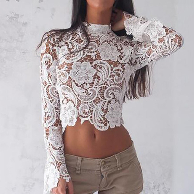 Elegant Turtleneck White Lace blouses See Through Sexy Long