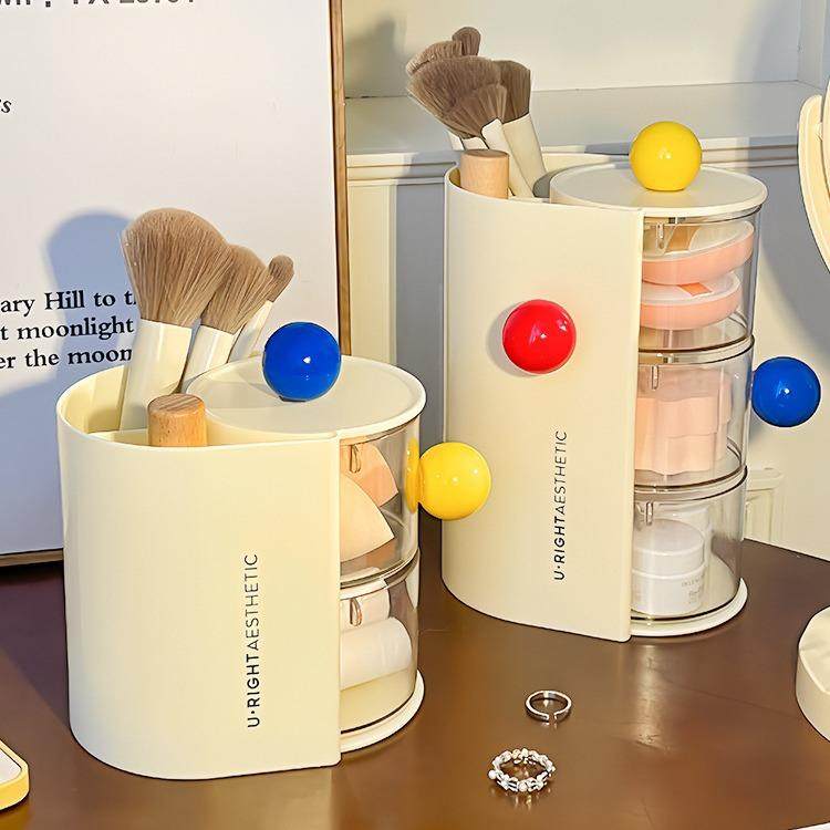 多巴胺化妆刷粉扑收纳盒桌面梳妆台化妆棉美妆蛋置物架可旋转防尘