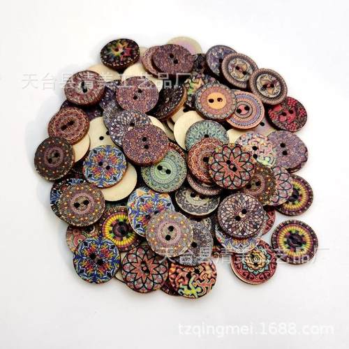 1.5/2/2.5cm圆纽扣 复古印花圆片3木纽扣