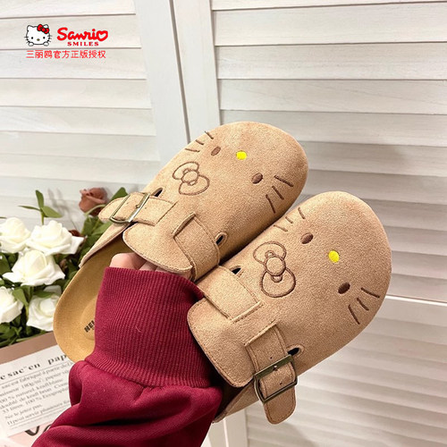 三丽鸥正版勃肯鞋女款厚底刺绣可爱秋冬加绒hellokitty半拖鞋外穿 - 封面