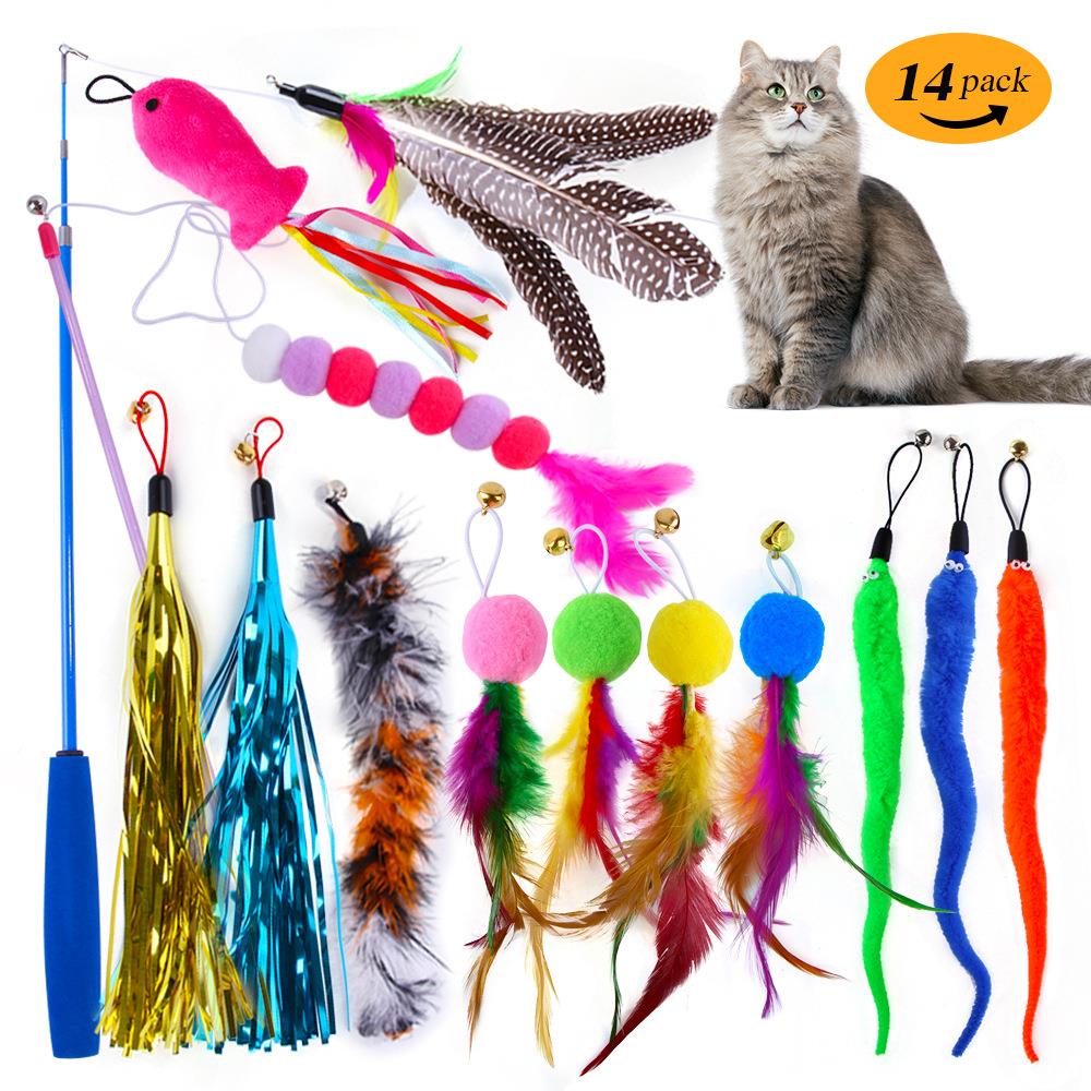跨境宠物猫玩具毛毛虫彩色羽毛毛球替换头可伸缩钓鱼竿逗猫棒套装
