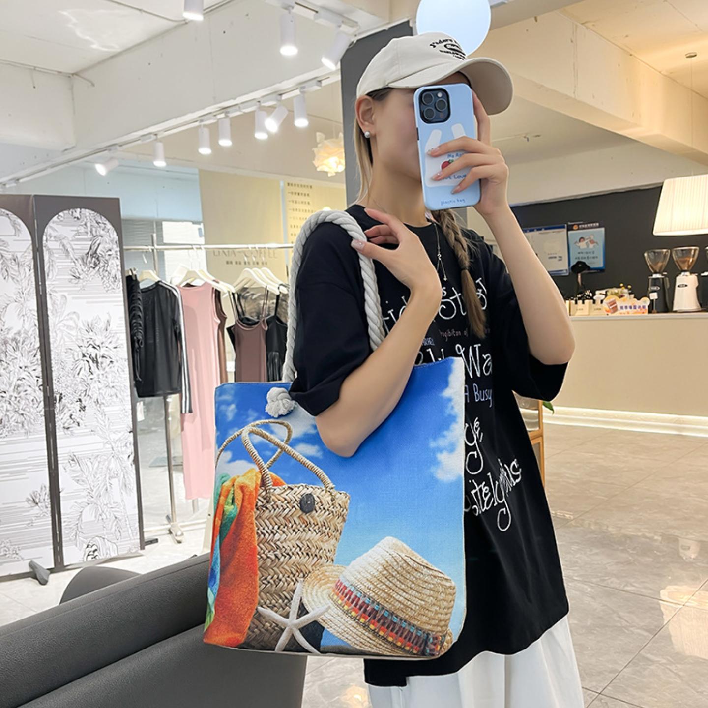 新海边沙滩包大托特单肩女包亚麻