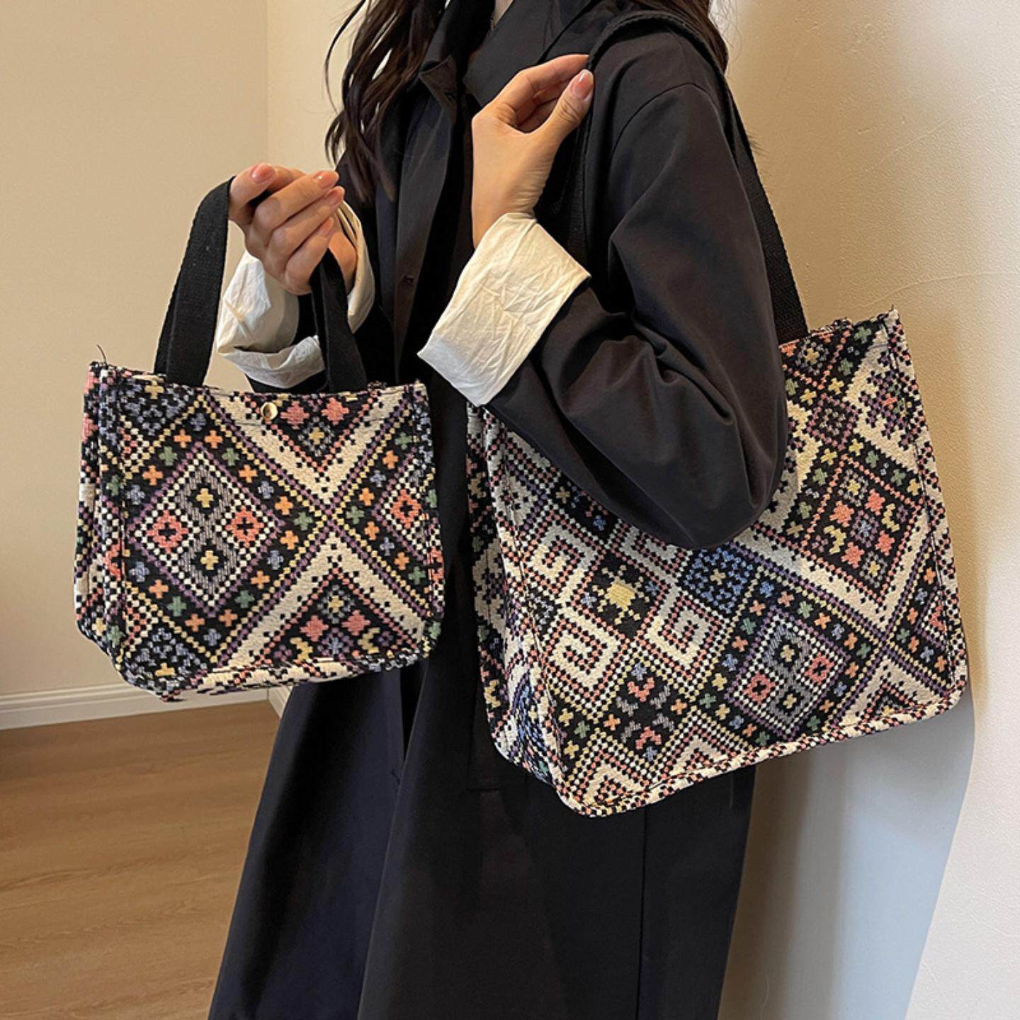 帆布大容量托特包女新款时尚民族风手提妈咪包学生上课单肩包