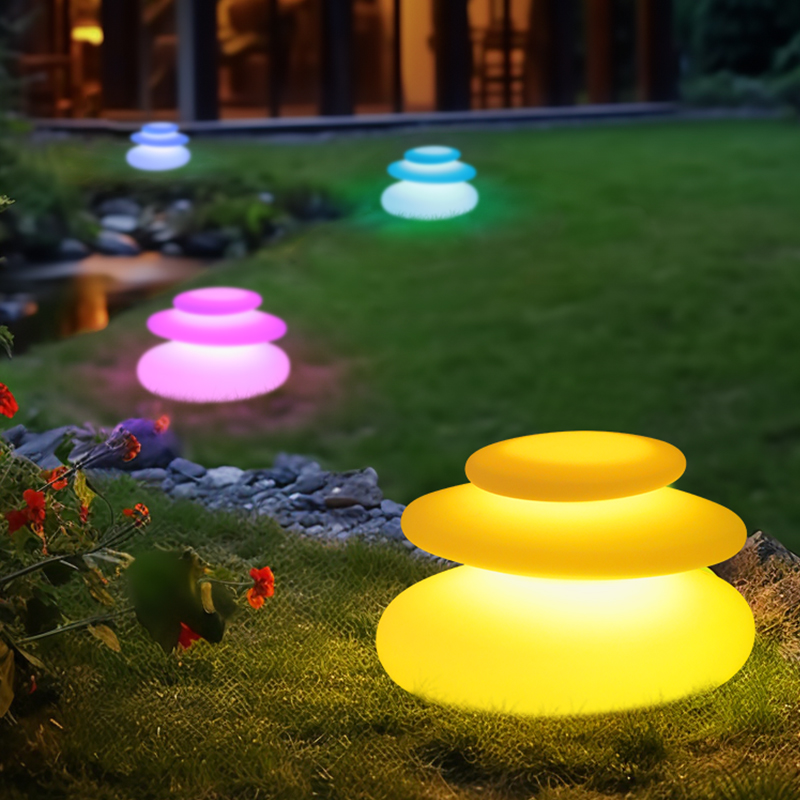 滚塑LED彩色草坪灯户外防水圆形叠层仿石头装饰灯庭院花园照明灯