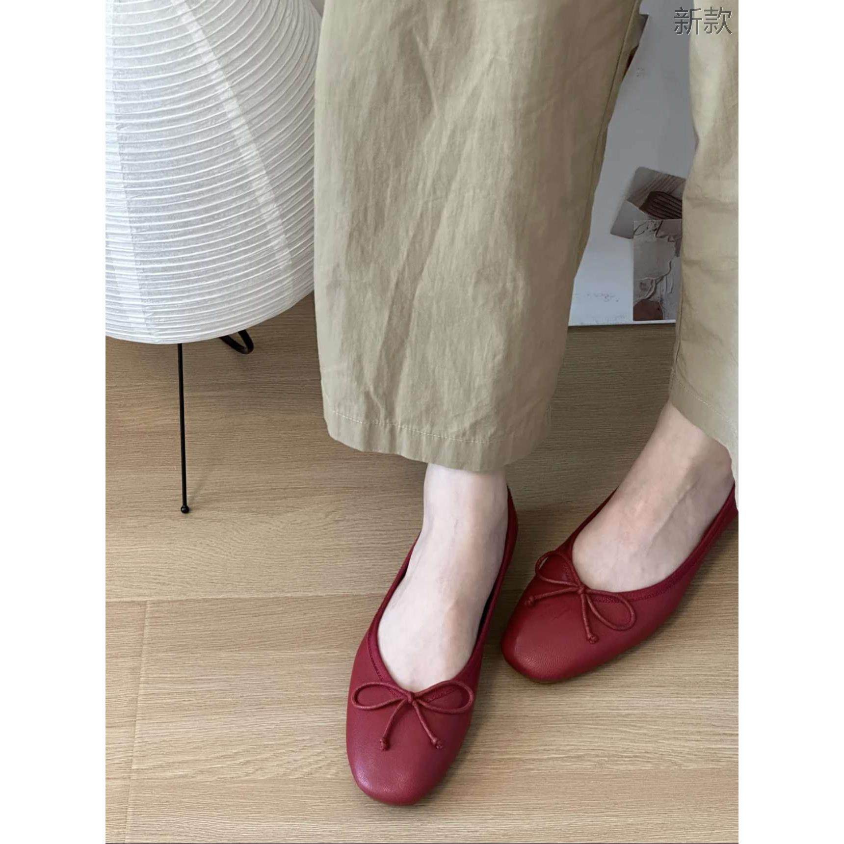 韩系软皮芭蕾舞鞋蝴圆头蝶结平底百搭浅口小红鞋瓢鞋奶奶鞋新款