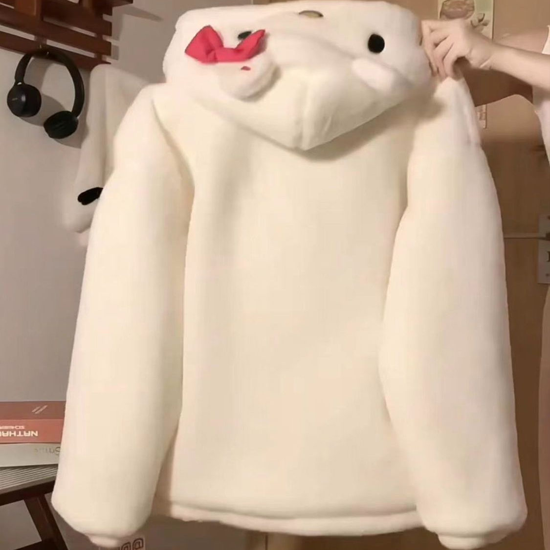 冬季上新连帽棉服女秋冬宽松加厚保暖毛茸茸外套可爱卡通毛绒外套