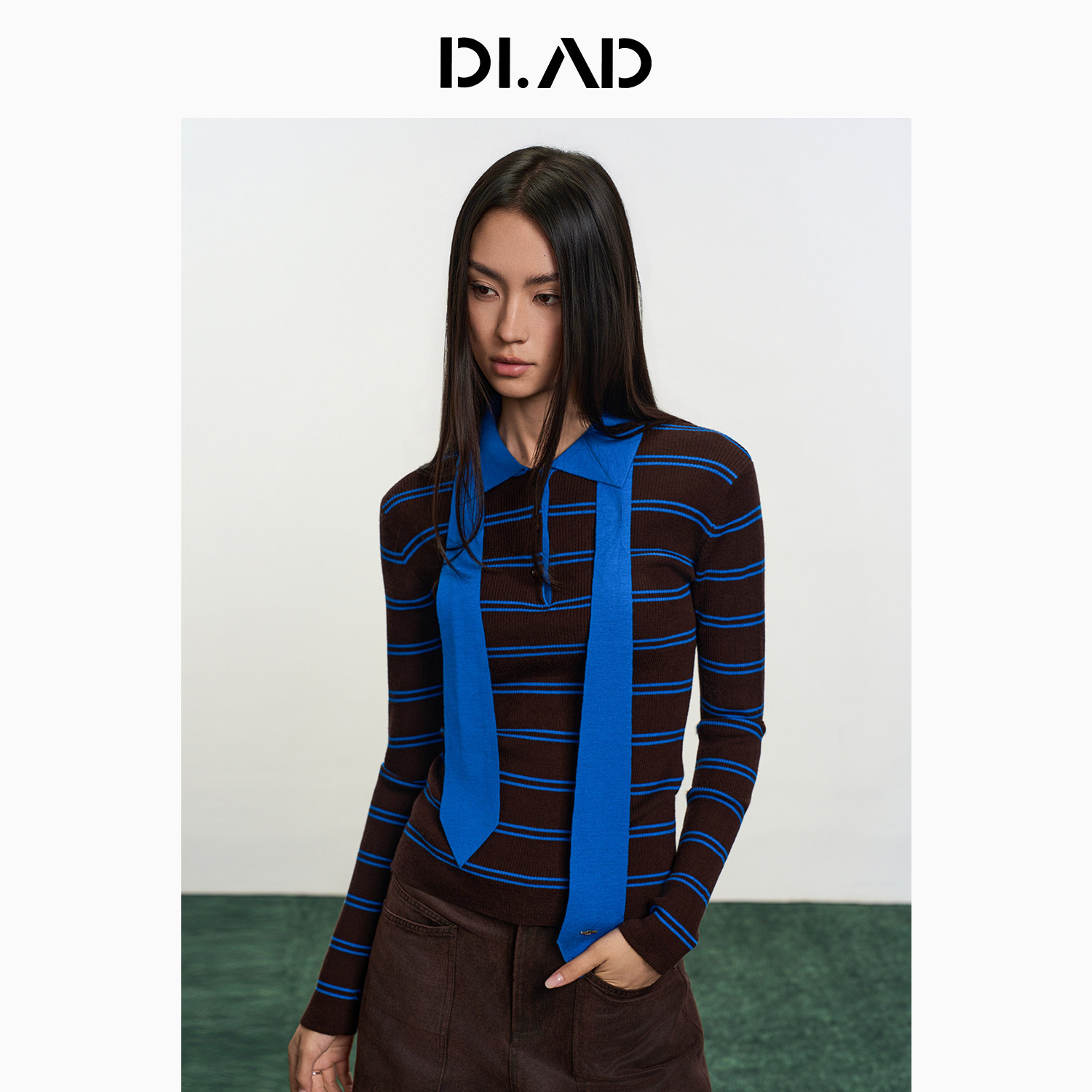 DI.AD 26冬季新款条纹针织撞色显瘦长袖100%绵羊毛衣女DD614266M0