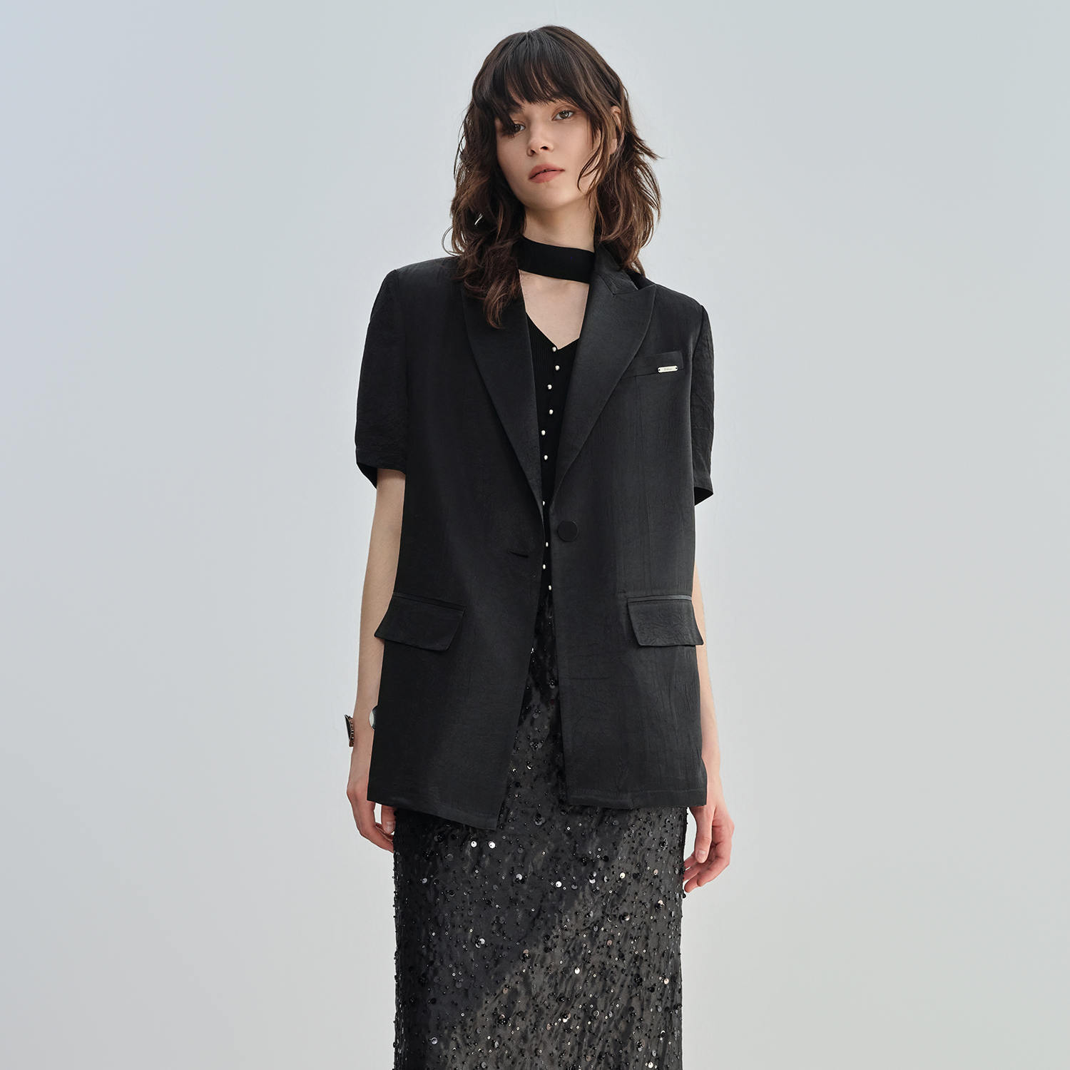 薄款花纹醋酯缎面轻奢休闲西装女