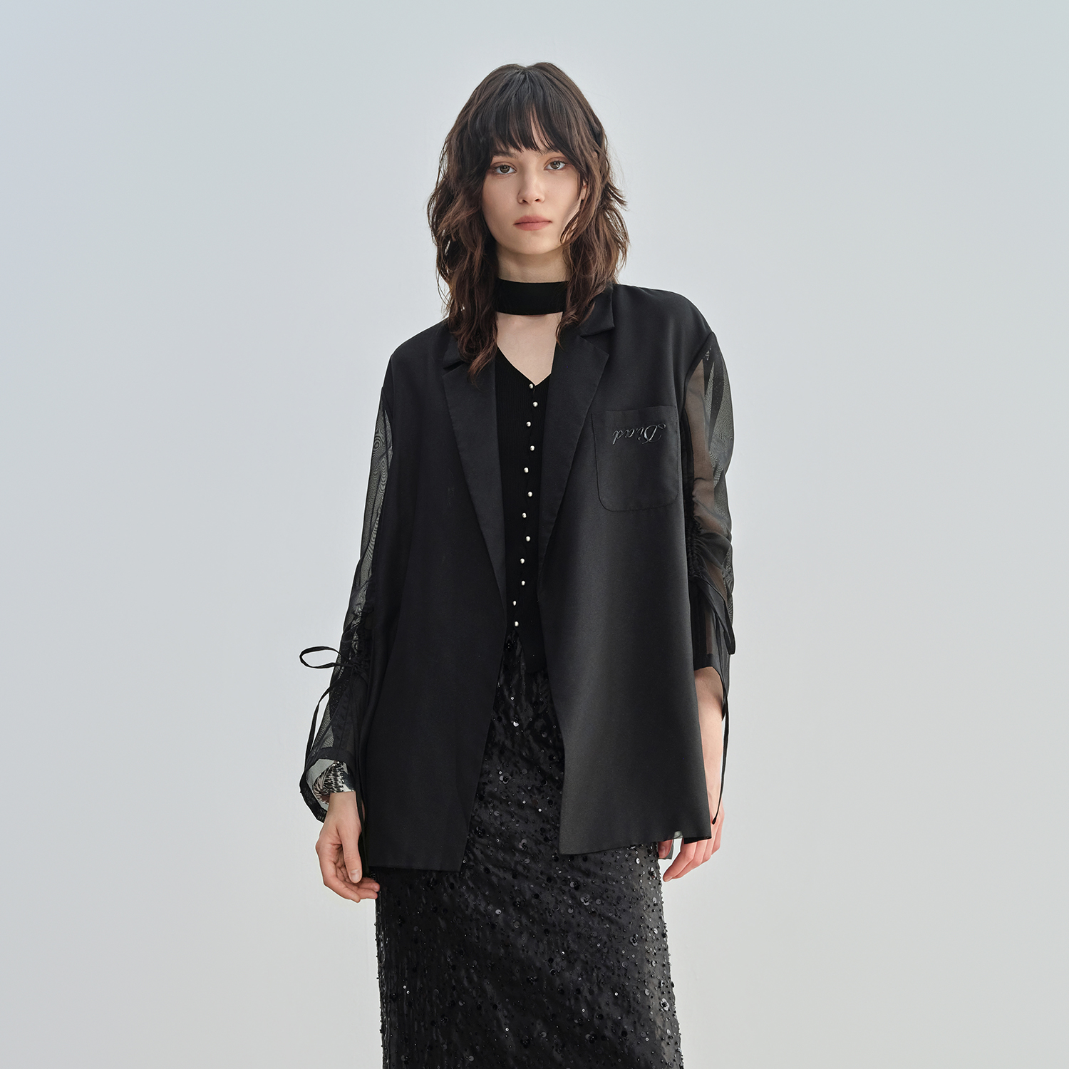 新款袖口抽绳设计进口网纱西装女