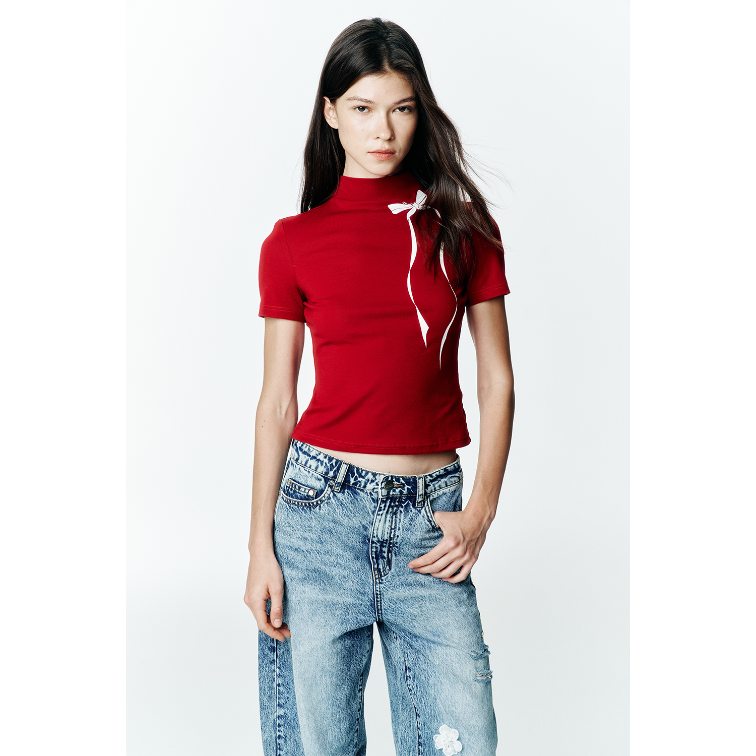 秋季新款蝴蝶结印花设计短袖T恤