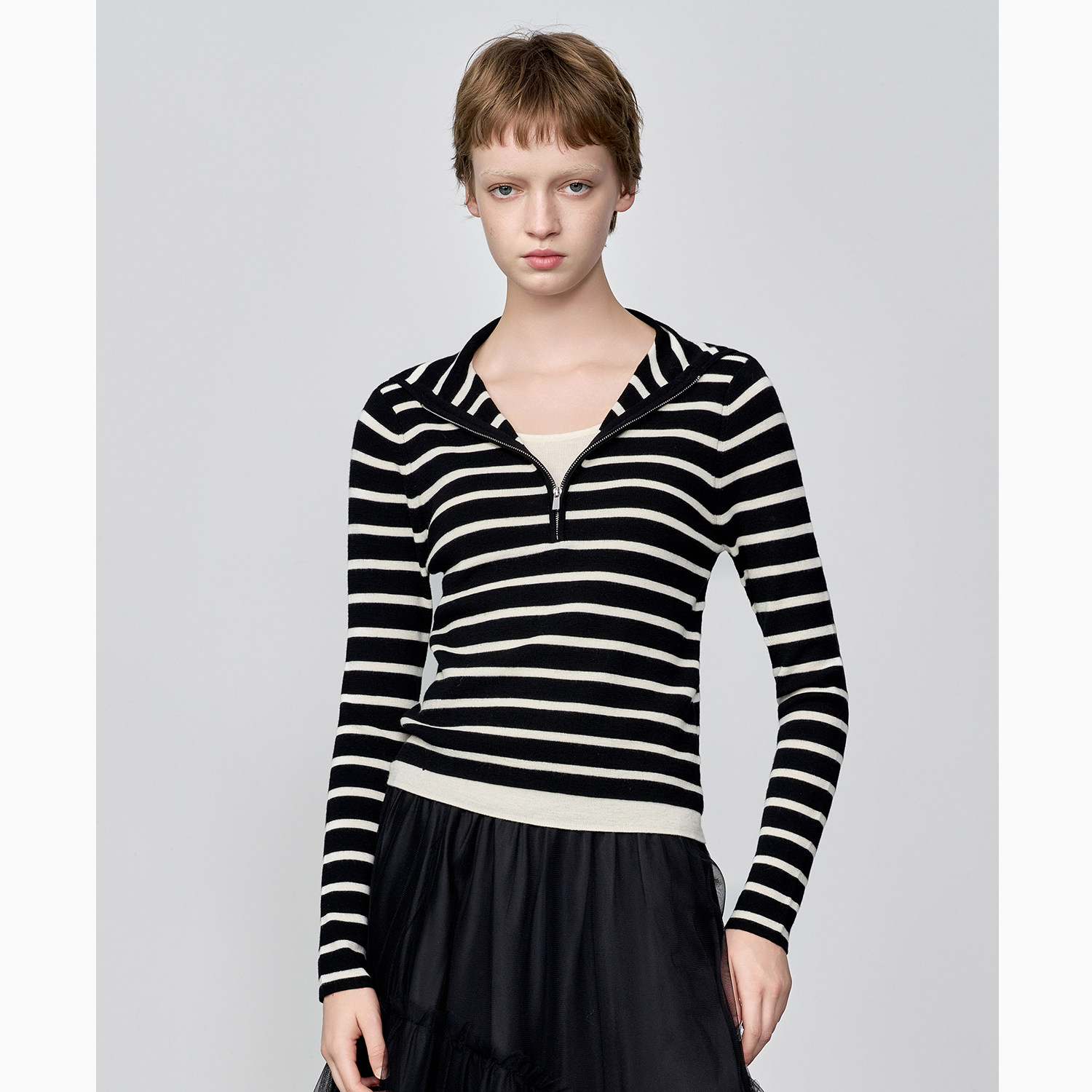 DI.AD25冬新款全绵羊毛黑白条纹长袖毛衫时尚设计感轻奢女士上衣