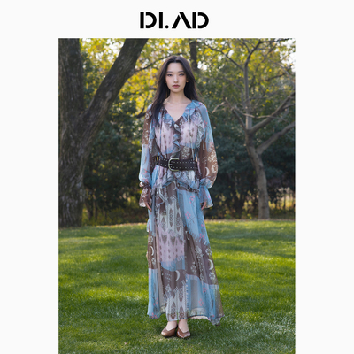 DI.AD游牧系列V领长款连衣裙系带森系复古氛围感连衣裙DA691906L0