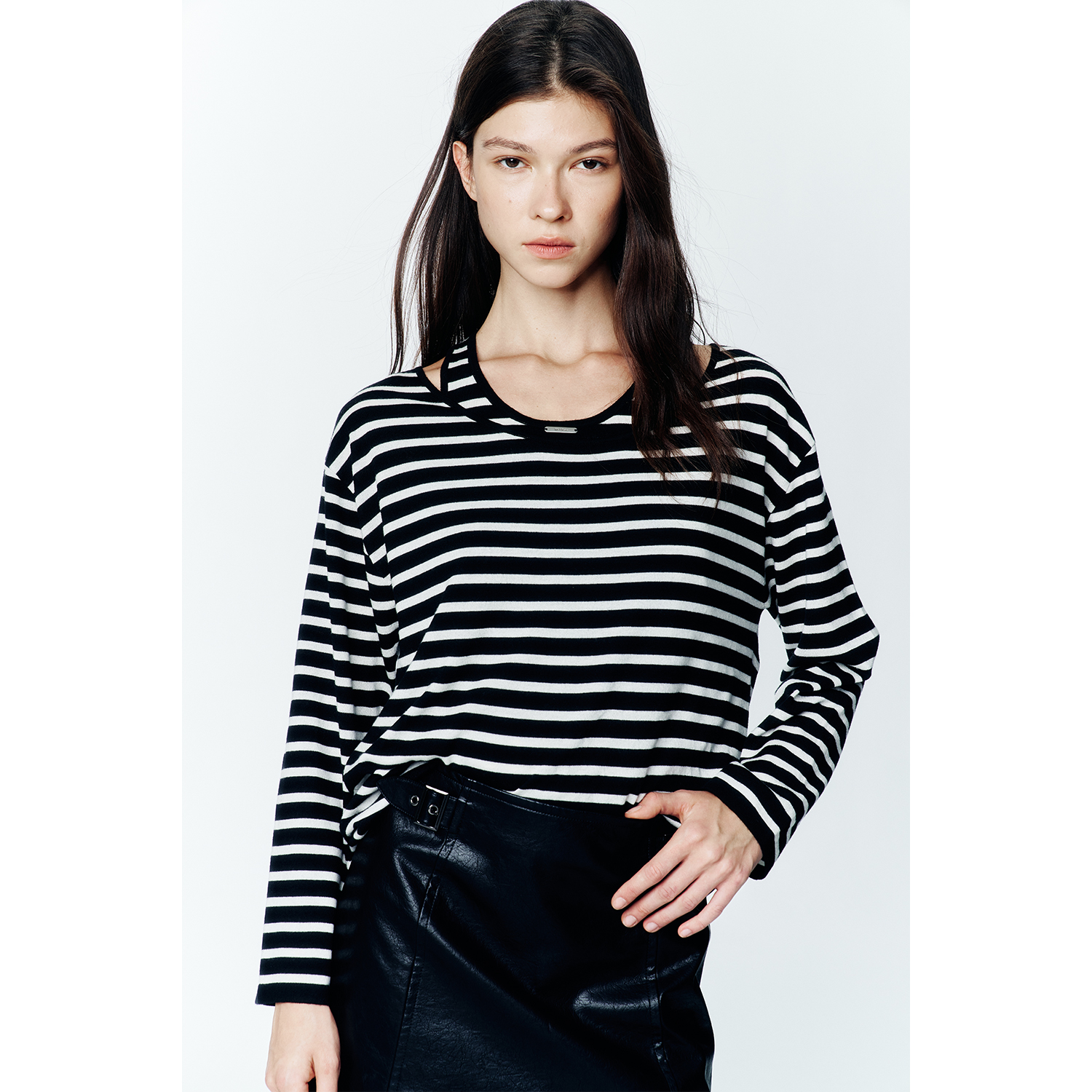 秋季新款宽松百搭假两件条纹T恤