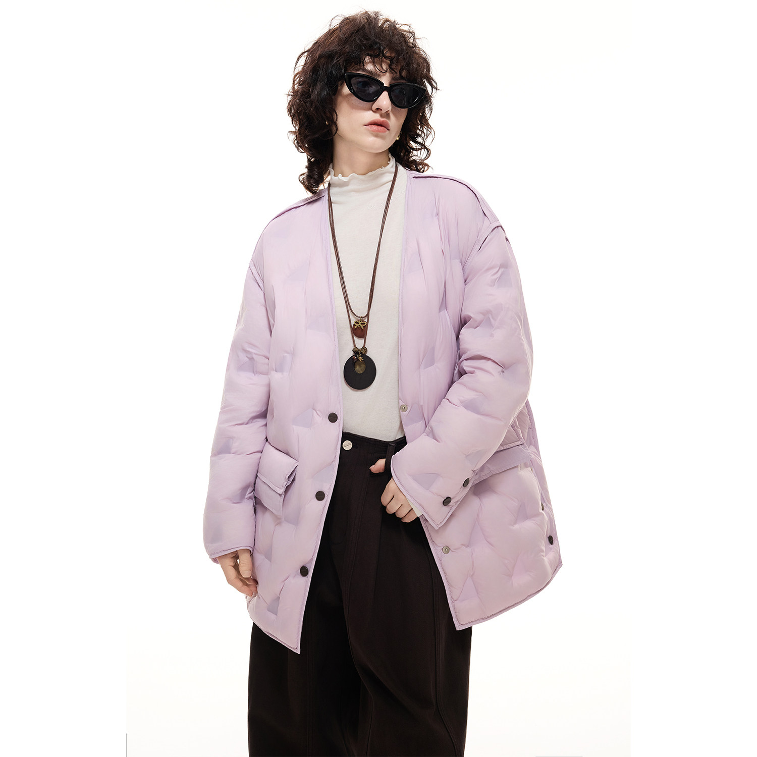 DI.AD 轻薄羽绒服女款冬季2025新款菱形格绗缝宽松无领白鸭绒外套