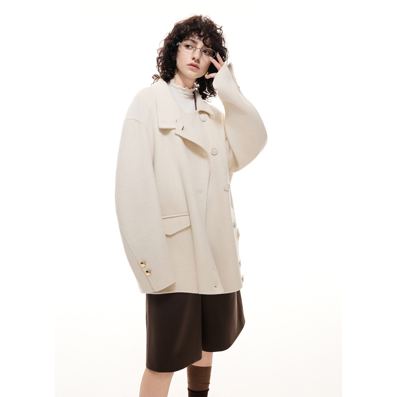 DI.AD 白色毛呢外套女款2025新款高级感短款落肩袖绵羊毛双面呢冬