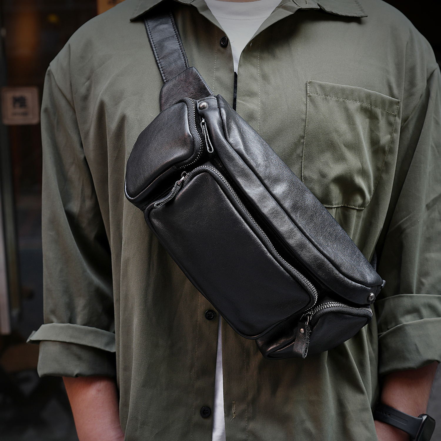 头层牛皮真皮胸包男士斜挎包