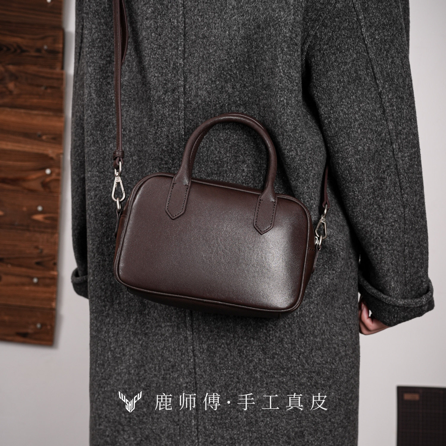 鹿师傅真皮复古波士顿保龄球包包植鞣牛皮通勤斜挎包手提小方包女,箱包皮具/热销女包/男包,小方包,淘宝优惠券,粉丝福利购,淘宝优惠卷