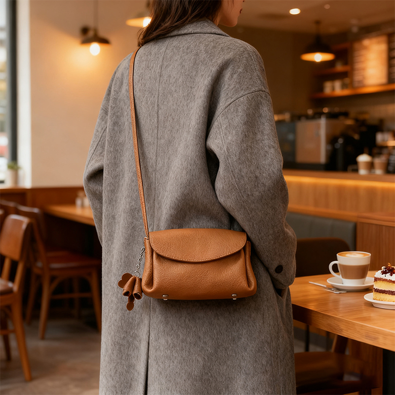 鹿师傅头层牛皮真皮斜挎包女包