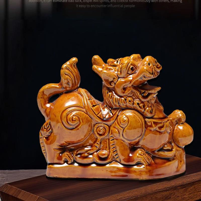 黄色陶瓷貔貅摆件一对公母家居办公室玄关招财工艺品店铺开业送礼