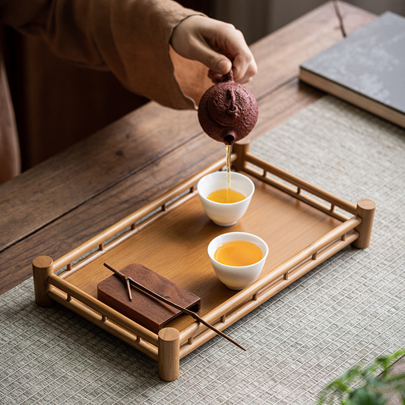 中式茶点盘家用收纳架高档架子复古茶盘便携式茶具配件竹制托盘