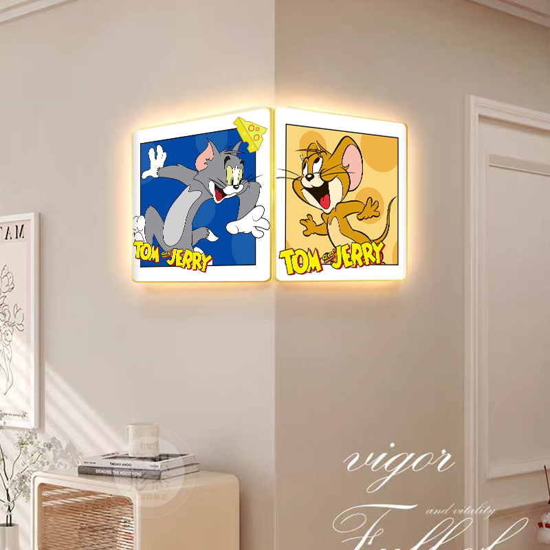 猫和老鼠拐角装饰画客厅餐厅转角挂画现代卡通创意led灯壁画挂墙