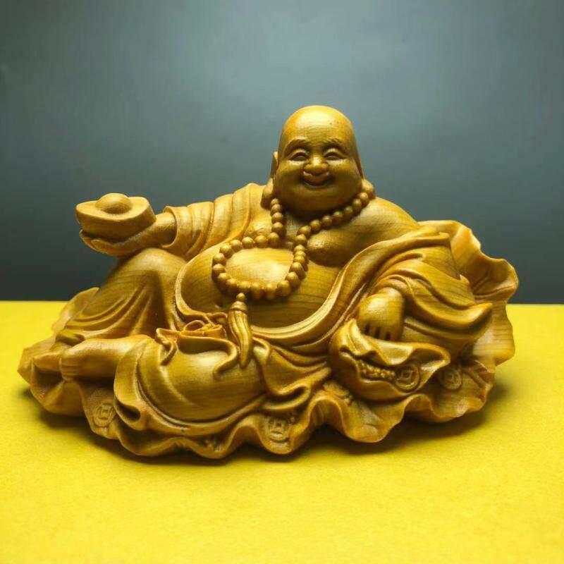 崖柏黄杨木精雕弥勒佛汽车载摆件饰品实木雕刻卧佛元宝笑佛工艺礼