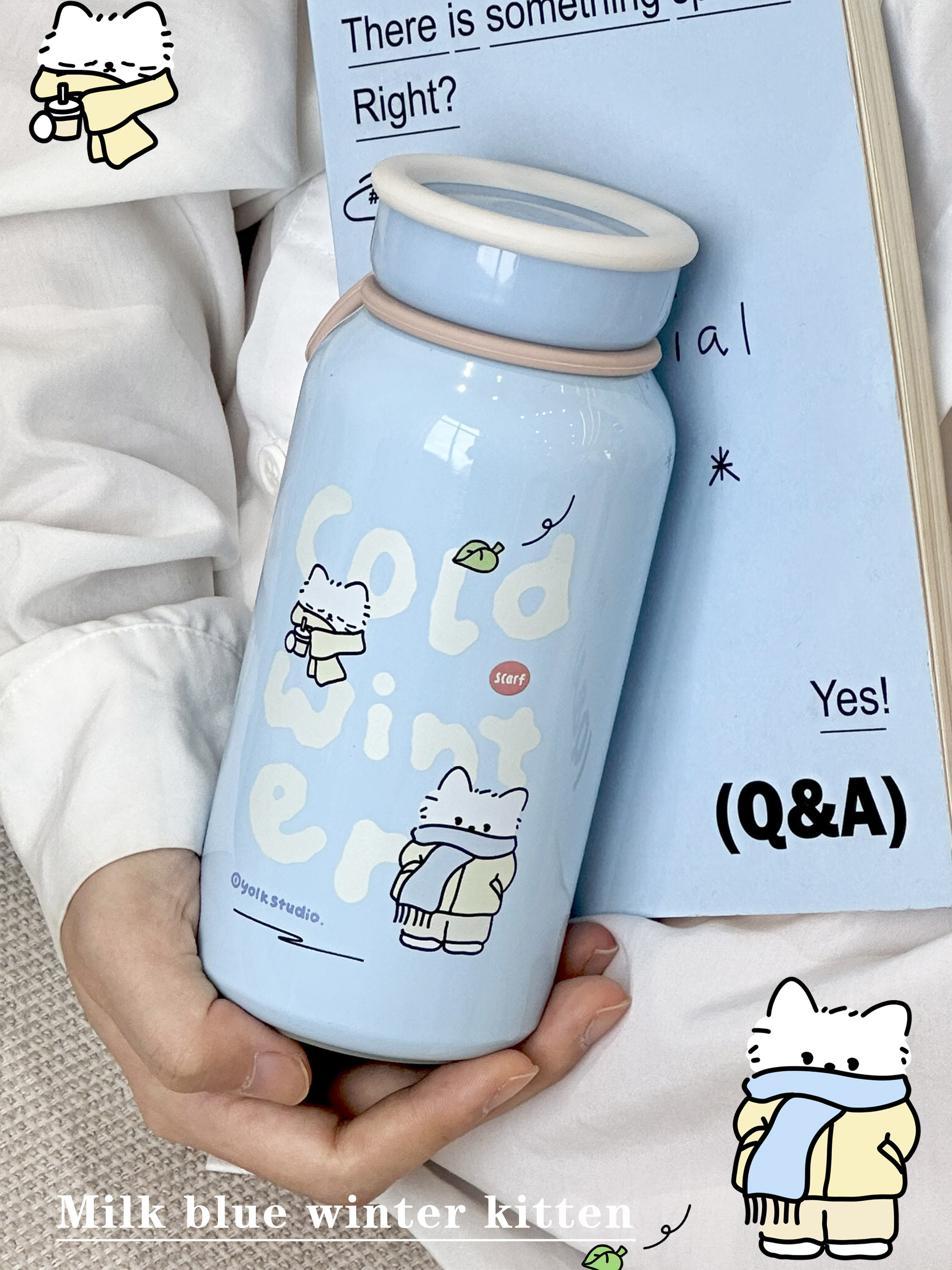 原野趣生活家原创奶蓝色冬小猫咪保温杯304不锈钢杯水瓶大肚水