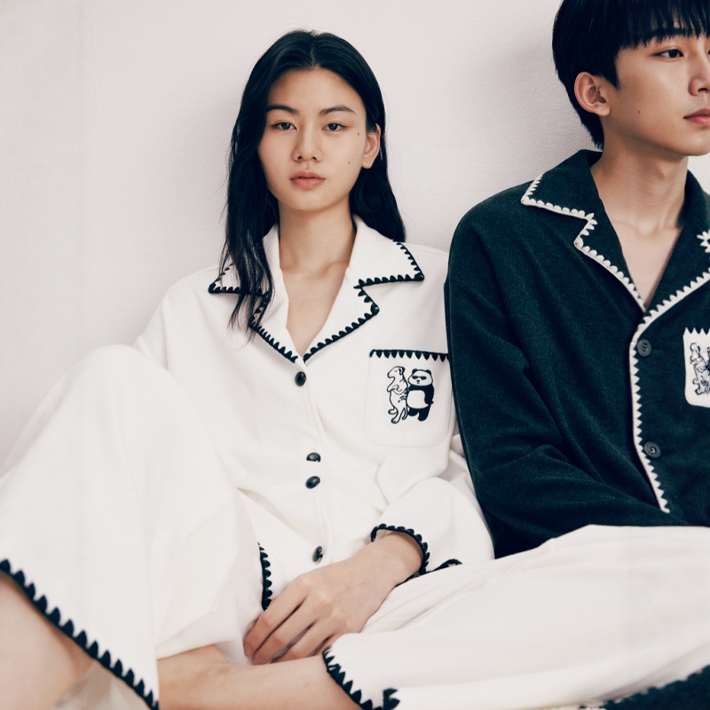 野兽P同款家居熊猫嘭嘭针织奶油绒家居服套装冬季可外穿情侣睡衣