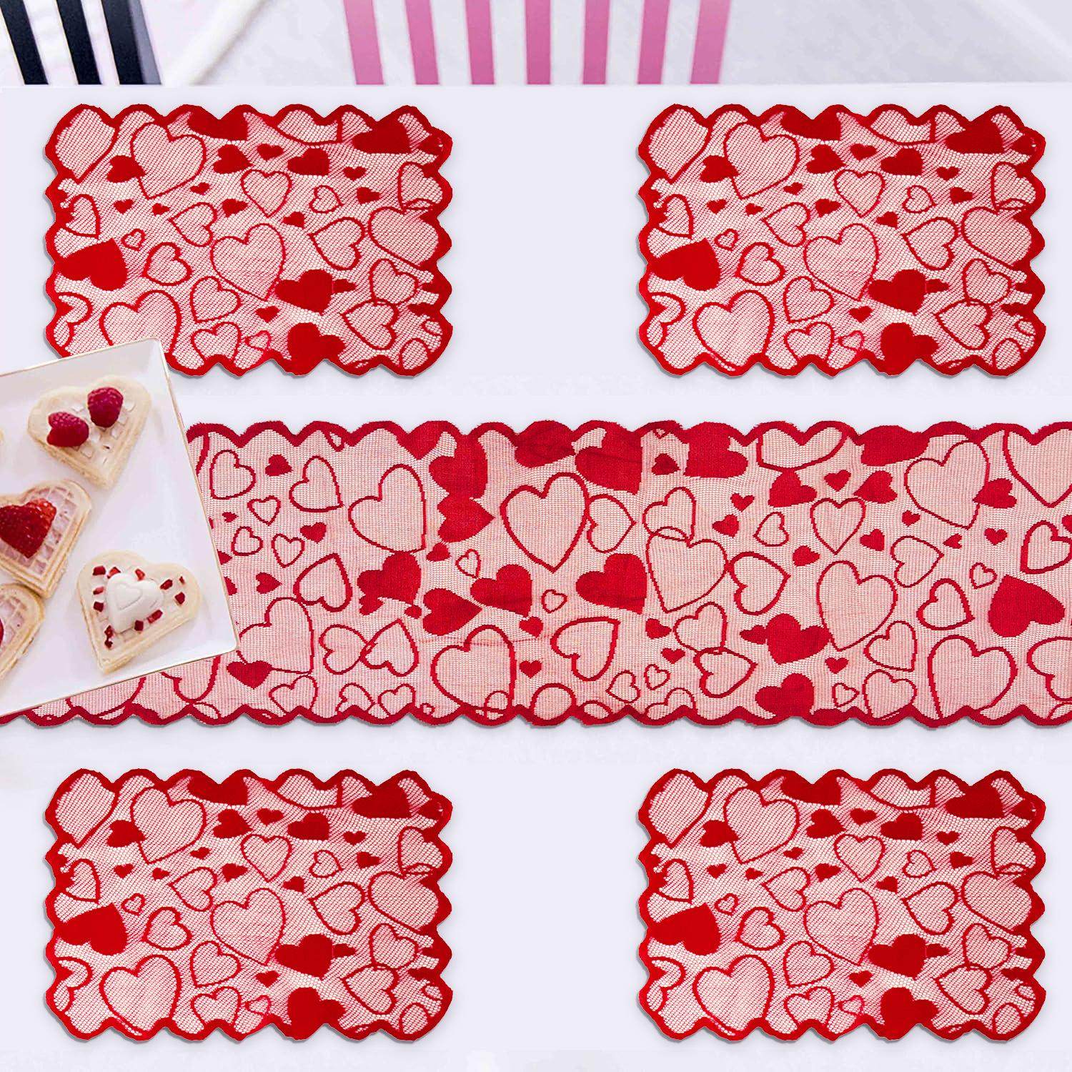 情人节爱心蕾丝桌旗餐垫套装结婚红色丘比特酒瓶喜庆桌布家居装饰