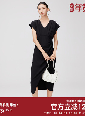 曼诺比菲商场同款夏季黑色短袖v领连衣裙女收腰长裙MFBL125313