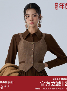 曼诺比菲商场同款冬季修身显瘦人字呢马甲短款叠穿MFAG142185