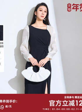 曼诺比菲商场同款春秋法式拼接撞色长袖连衣裙修身MFEL115307