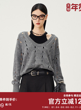 曼诺比菲商场同款2025春秋季镂空落肩套头毛衣针织上衣SGCM114066