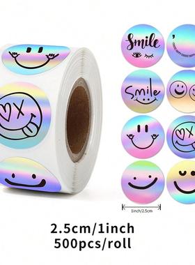 跨境可爱笑脸贴纸谢谢装饰贴卷装表情不干胶镭射圆形标签封口贴