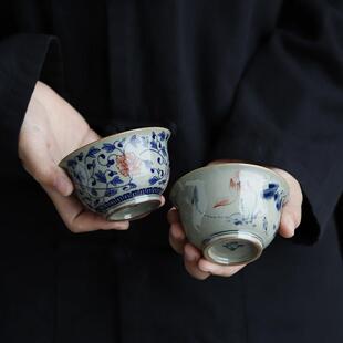 陶瓷茶杯手绘釉下彩青花瓷品茗单杯个人茶盏家用功夫茶具茶碗