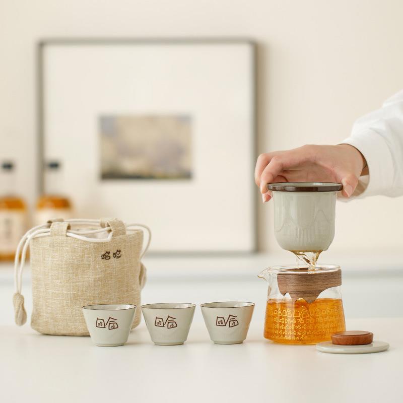 哈哈哈快客杯便携茶具玻璃旅行茶具一壶三杯收纳布袋定LOGO企业